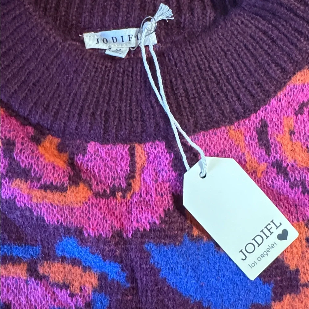 NWT JODIFL Magenta Purple Floral Mock Neck Bubble Sleeve Knit Sweater Size Med - Picture 5 of 7